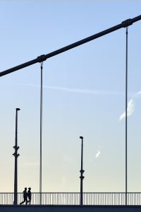 bridge, silhouette, nature, sky, steel, people, walking, road, structure, blue sky, daylight, outdoors
